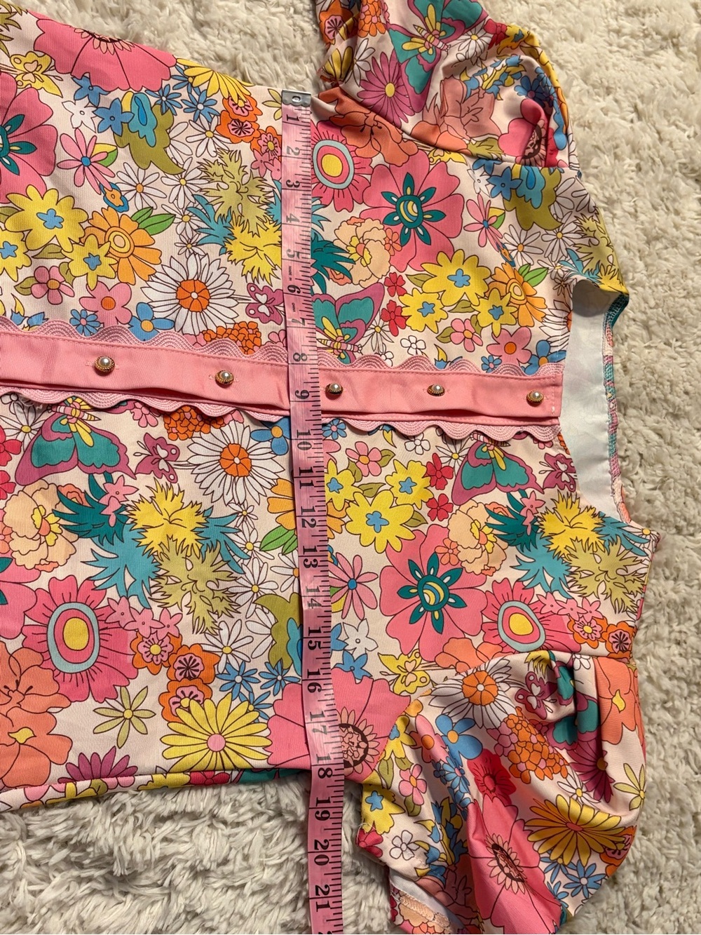 Pink Floral Button Front Scallop Trim Puff Short Sleeve Mini Shift Dress - Picture 6 of 7